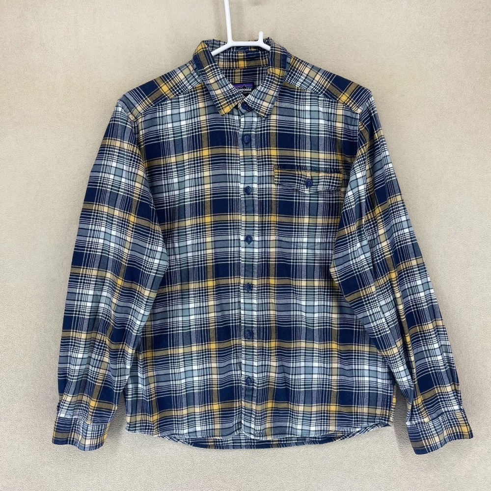 Patagonia Organic Cotton Flannel Shirt Mens Medium Blue Yellow Plaid Long Sleeve